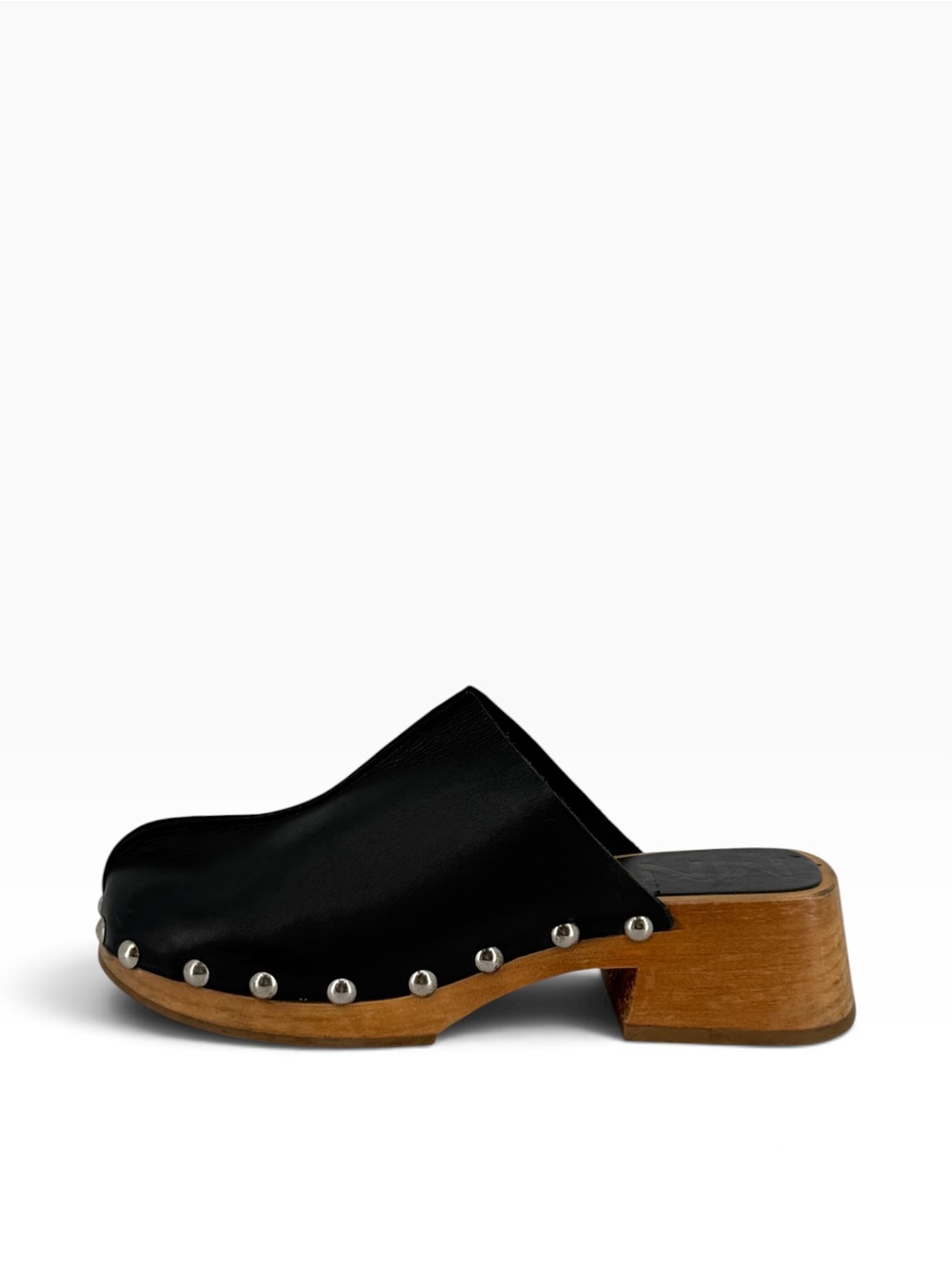 Mango Black Leather Studded Clog Mule with Wood Heel
